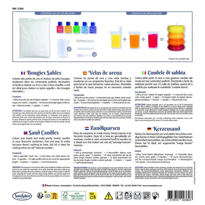 Kit Créatif Bougie Sable Sentosphere - Cire en sable coloré pour réaliser des bougies décoratives - À partir de 14 ans