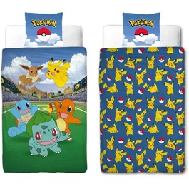 Pokemon Parure de lit réversible Pikachu et ses amis à l'Arena en microfibre 140 x 200 cm + 1 taie 63 x 63 cm