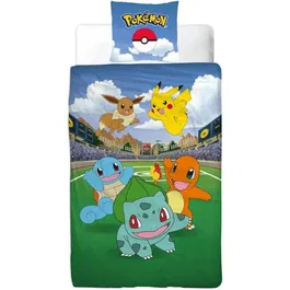 Pokemon Parure de lit réversible Pikachu et ses amis à l'Arena en microfibre 140 x 200 cm + 1 taie 63 x 63 cm