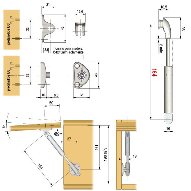 ITALIANA FERRAMENTA Compact Ascendente - Piston à gaz avec supports pour porte ascensionnelle, 164 mm, 80 N, en acier
