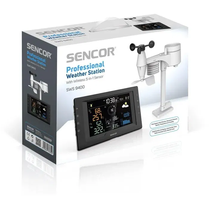 Sencor SWS 9400 - Station météo professionnelle sans fil avec capteur 5 en 1, écran LCD couleur 5.7", prévisions 12-24h, suivi pluie/pression, mesures intérieur/extérieur, alertes Sencor SWS 9400 - Station météo professionnelle sans fil avec capteur 5 en 1, écran LCD couleur 5.7", prévisions 12-24h, suivi pluie/pression, mesures intérieur/extérieur, alertes