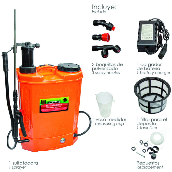 WOLFPACK LINEA PROFESIONAL Sulfatadora Baterie / Manuel 12V/8Ah Litio 16L