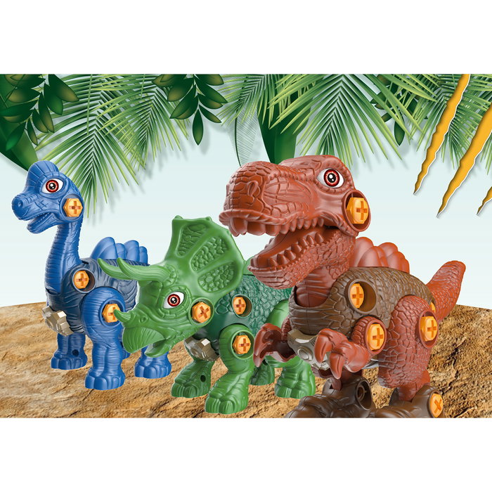 Tachan - Pack de 3 Dinosaures à Construire (Diplodocus, Tricératops, T-Rex) avec Mallette, Destornillador Manuel et Électronique - Jeu de Construction +3 Ans