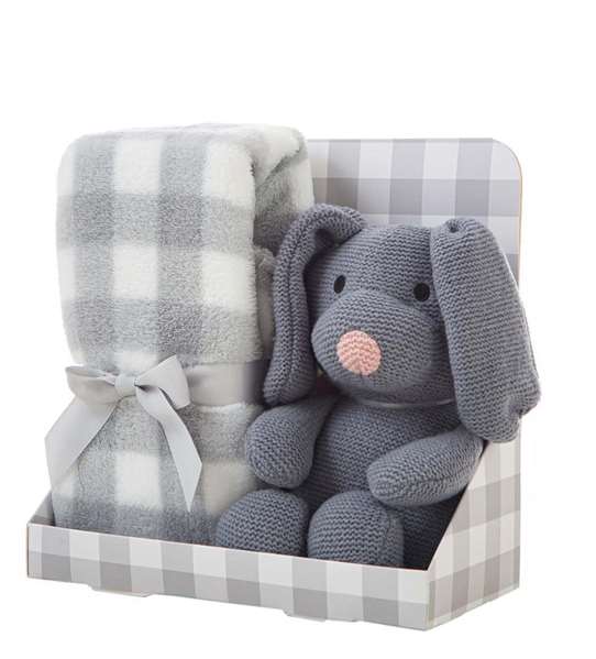 Creaciones Llopis - Set Cadeau : Boîte avec Couverture à Carreaux Gris 90 x 75 cm + Peluche Chien 26 cm en Polyester