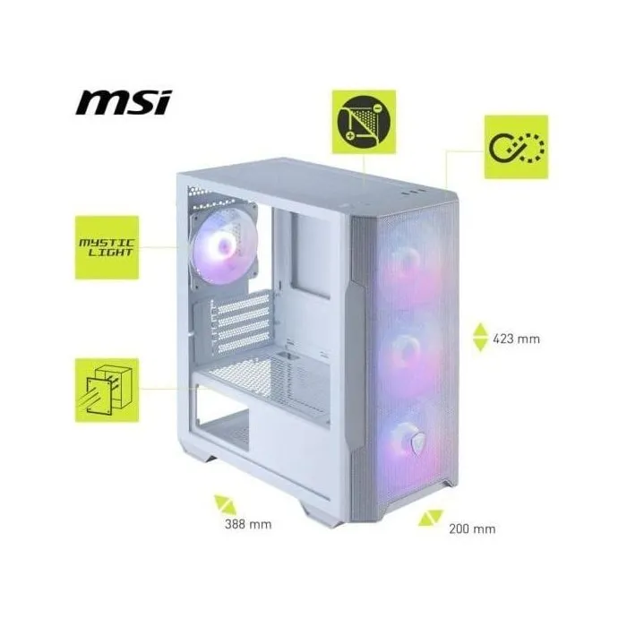 MSI MAG Forge M100R - Boîtier PC Gaming Micro-ATX Blanc Moyen Tour - Ventilateurs ARGB, Plexiglas Trempé, Ports USB 3.2, Filtres Magnétiques pour un Excellent Flux d'Air