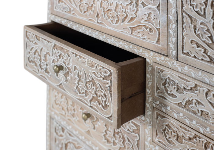 GINER Y COLOMER Commode en bois de manguier à 10 tiroirs sculptés à la main avec motifs floraux - Couleur naturel