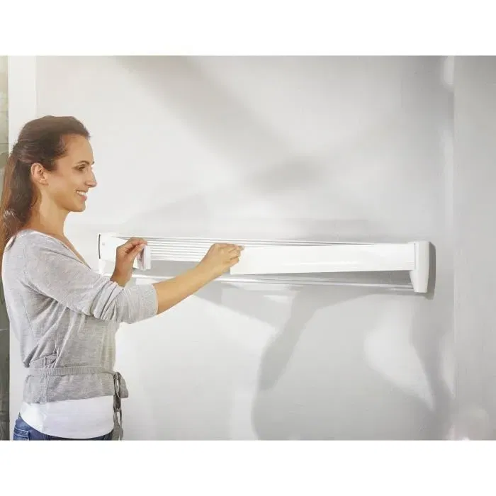 Leifheit Séchoir Mural Telegant 36 Protect Plus 83201, Étendoir Dépliable 5 Barres Inox Longueur 3.6 m, Blanc