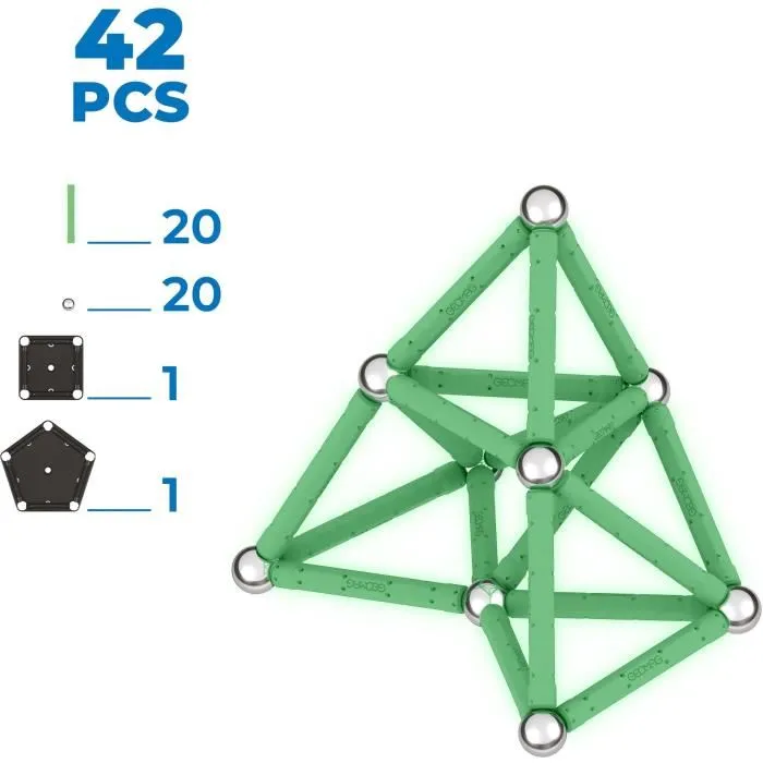 Geomag Glow Recycled - Coffret de construction magnétique luminescent - 42 pièces - Jeu éducatif avec plastique 100% recyclé