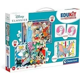 Clementoni Edukit - Coffret d'activités d'apprentissage Disney 4 en 1, puzzle 30 et 48 pièces, mémo, cubes à empiler - Jeu éducatif dès 4 ans
