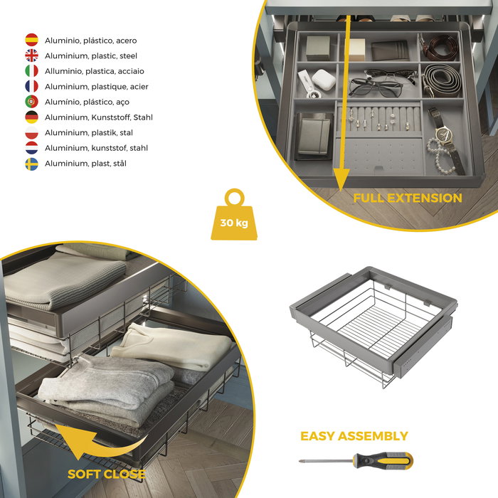 Emuca Kit tiroir en fil métallique et rack ajustable Quartz pour armoires, glissières extension totale et à fermeture douce, Module 60cm, Finition Titane