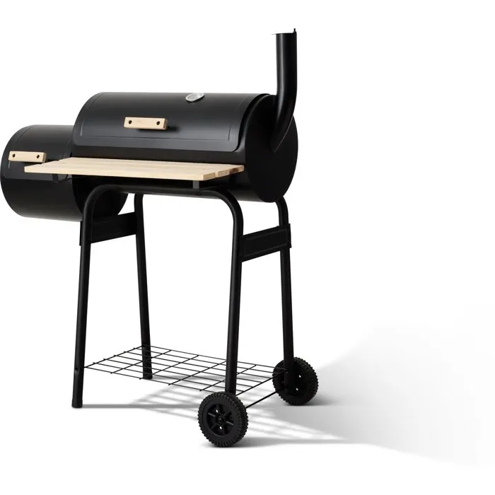 Cookingbox Fumoir au charbon acier deux foyers cylindriques poignées bois cheminée verticale 104x53.5x114.5 cm Cookingbox Fumoir au charbon acier deux foyers cylindriques poignées bois cheminée verticale 104x53.5x114.5 cm