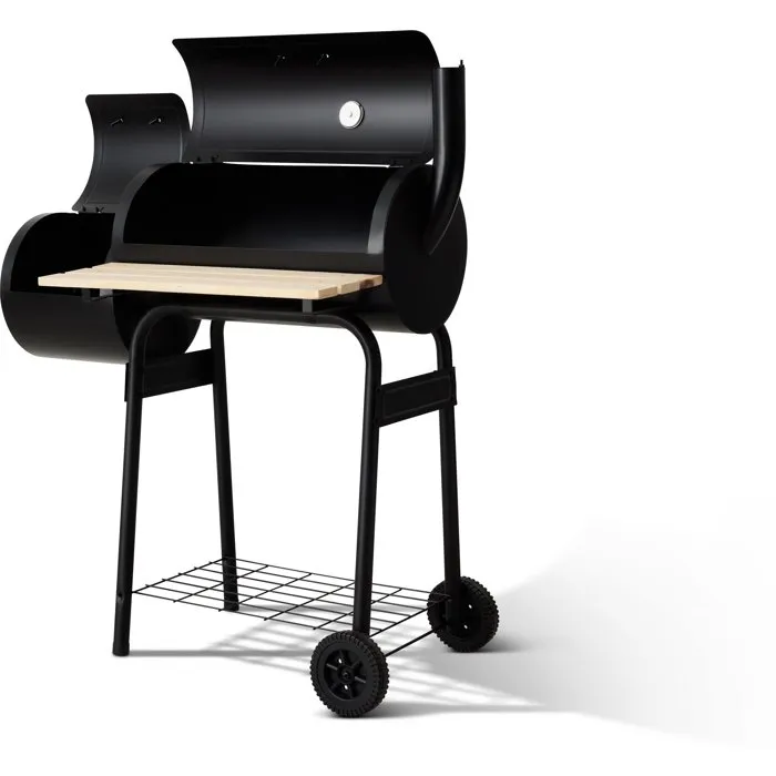 Cookingbox Fumoir au charbon acier deux foyers cylindriques poignées bois cheminée verticale 104x53.5x114.5 cm Cookingbox Fumoir au charbon acier deux foyers cylindriques poignées bois cheminée verticale 104x53.5x114.5 cm