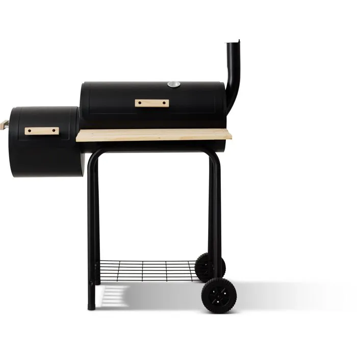 Cookingbox Fumoir au charbon acier deux foyers cylindriques poignées bois cheminée verticale 104x53.5x114.5 cm Cookingbox Fumoir au charbon acier deux foyers cylindriques poignées bois cheminée verticale 104x53.5x114.5 cm