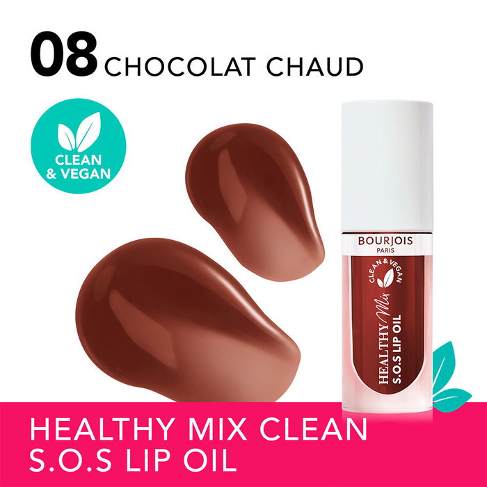 Bourjois Healthy Mix Huile à Lèvres SOS N°08 Chocolat Chaud - 4,5 ml - Formule à 94% d'Ingrédients Naturels avec Huiles d'Avocat et de Framboise