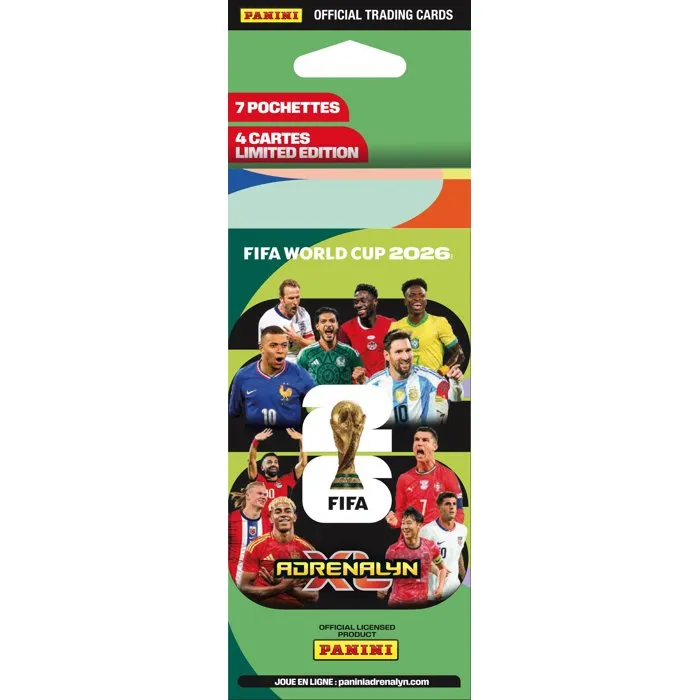 Panini COUPE DU MONDE DE LA FIFA 26TM TCG - Blister avec 7 pochettes et 56 cartes dont éditions limitées - Collection Adrenalyn XL