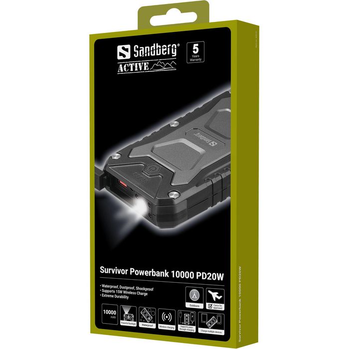 Sandberg Survivor Powerbank 10000 PD20W - Batterie externe portable étanche, antichoc et anti-poussière avec charge sans fil Qi 15W Sandberg Survivor Powerbank 10000 PD20W - Batterie externe portable étanche, antichoc et anti-poussière avec charge sans fil Qi 15W