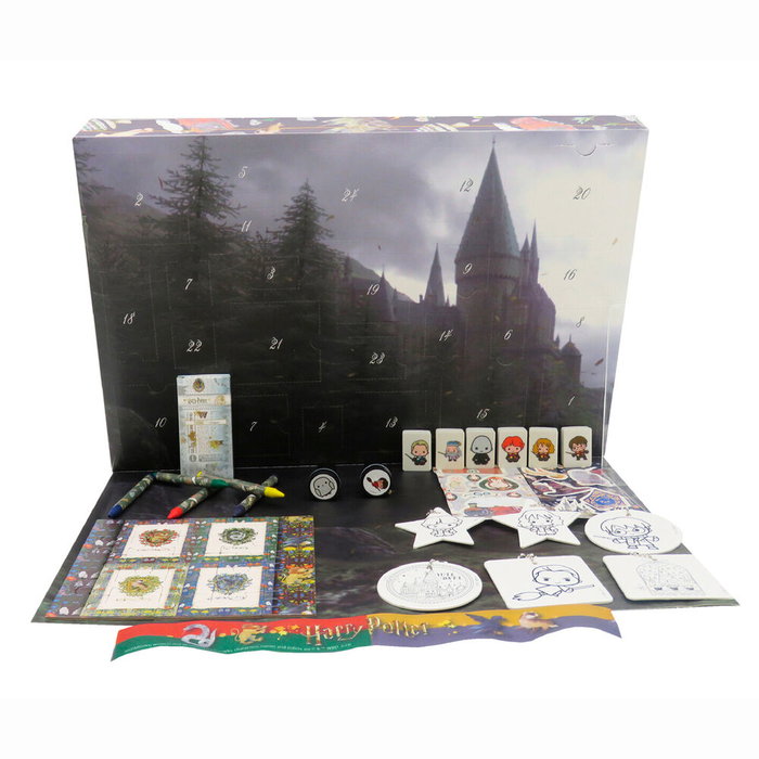 CYP BRANDS Calendrier de l'Avent Harry Potter - 45 x 30 cm - avec Autocollants, Tampons, Bracelet, Puzzle et Peintures - Boîte Décors
