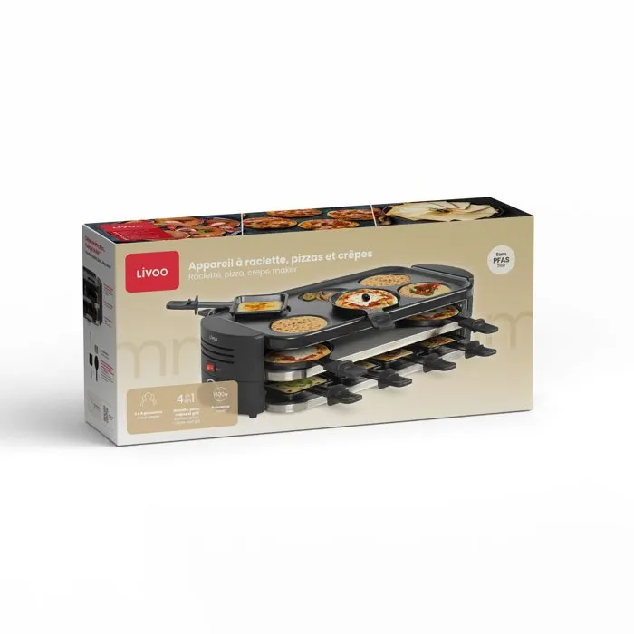 Livoo DOC337 - Appareil Multifonction à Raclette, Pizzas et Crêpes 8 Personnes, 1600 W, Thermostat, Revêtement Antiadhésif sans PFAS