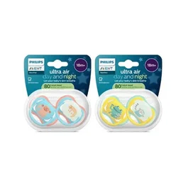 Philips Avent Sucettes Ultra Air Lot de 4, SCF087/27, 18 mois+, Vert/Orange, Respirantes et Confortables, Sans BPA, Brille dans le Noir