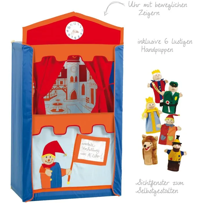 Théâtre de marionnettes en bois ROBA avec 6 marionnettes à main, rideaux et décor - Rouge/Bleu/Orange - Jouet d'éveil et créativité Théâtre de marionnettes en bois ROBA avec 6 marionnettes à main, rideaux et décor - Rouge/Bleu/Orange - Jouet d'éveil et créativité