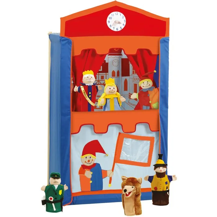 Théâtre de marionnettes en bois ROBA avec 6 marionnettes à main, rideaux et décor - Rouge/Bleu/Orange - Jouet d'éveil et créativité Théâtre de marionnettes en bois ROBA avec 6 marionnettes à main, rideaux et décor - Rouge/Bleu/Orange - Jouet d'éveil et créativité