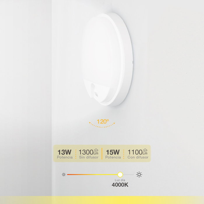 GSC Evolution Applique murale ronde LED Doko avec capteur de mouvement, 15W, 4000K, Blanc