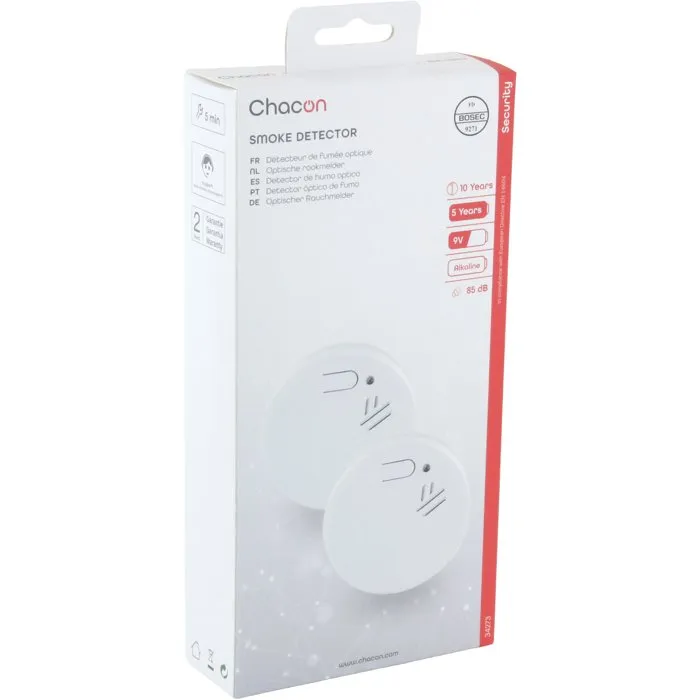 Chacon 34273 - Lot de 2 détecteurs de fumée optiques avec pile alcaline 9V, 85 dB, autonomie 5 ans, indicateur pile faible, installation facile