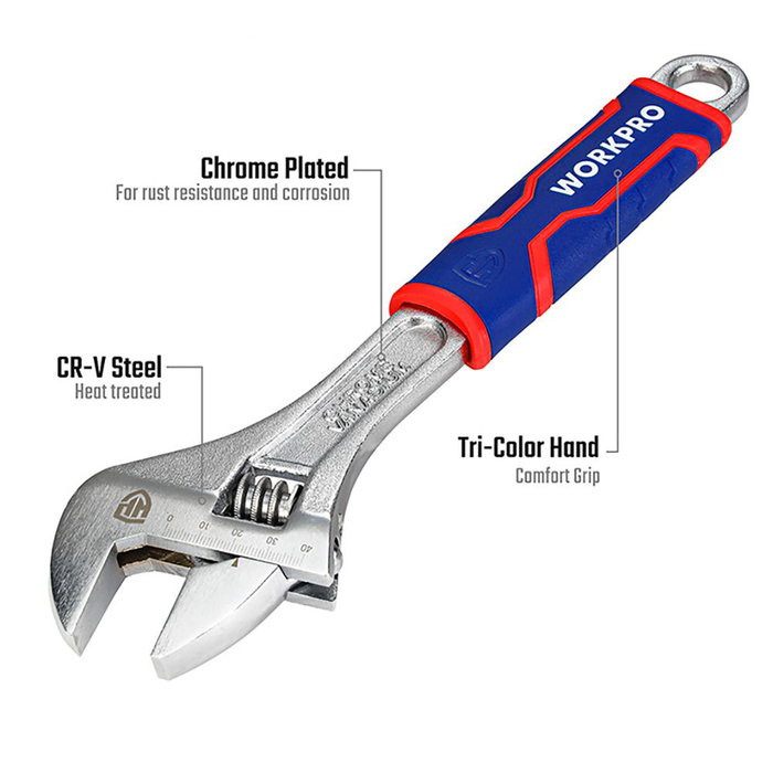 Workpro Clé ajustable 300 mm, acier chrome vanadium, résistant à la rouille, double graduation métrique/pouce, ouverture max 40 mm