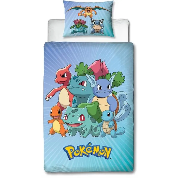 Pokémon Parure de lit réversible Pikachu et Starter Bleu Microfibre - Licence Officielle - Housse de couette 140x200 cm + Taie 63x63 cm
