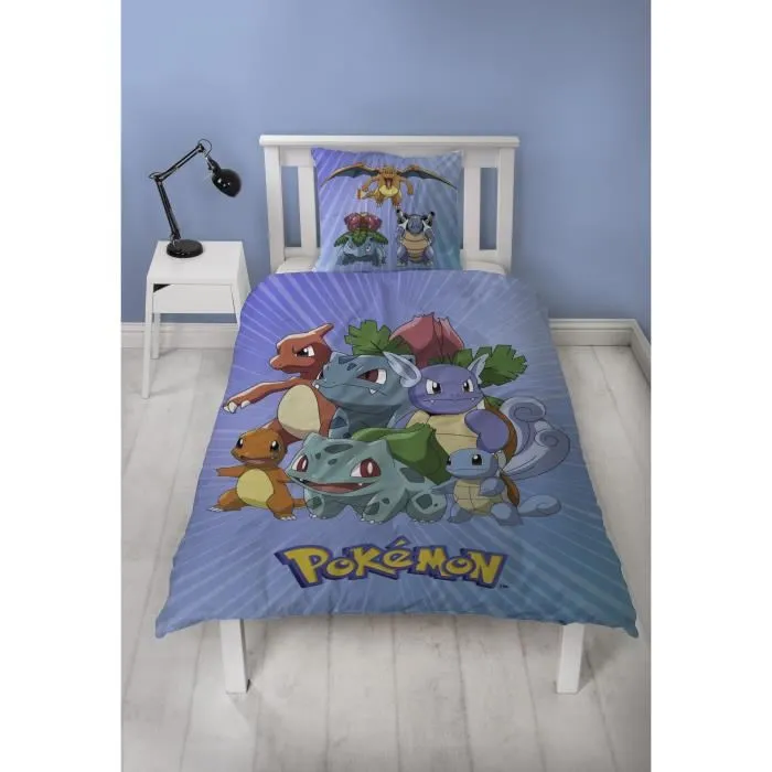 Pokémon Parure de lit réversible Pikachu et Starter Bleu Microfibre - Licence Officielle - Housse de couette 140x200 cm + Taie 63x63 cm