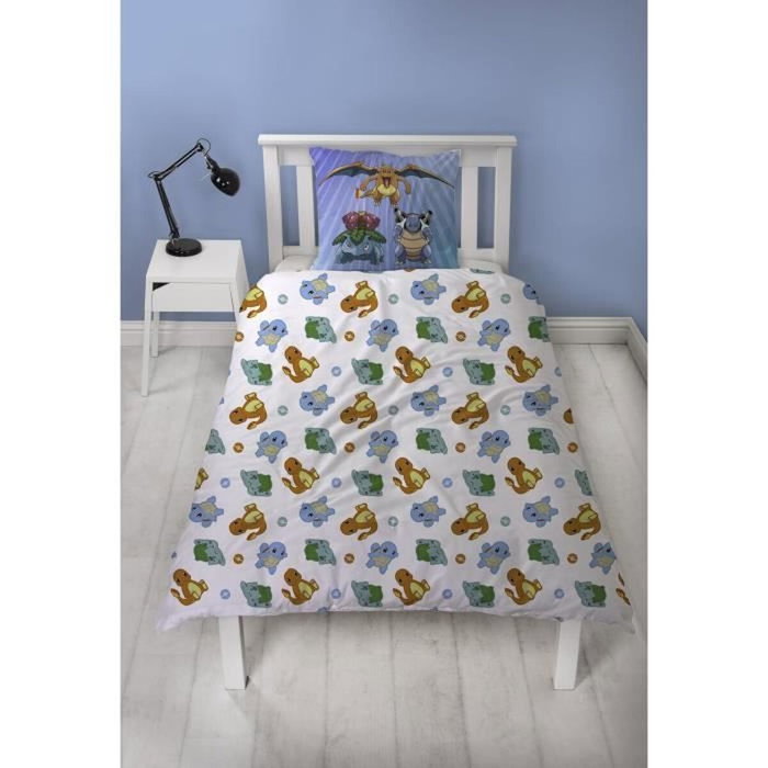 Pokemon Parure de lit réversible Pikachu et Starter Bleu Microfibre 140x200 cm
