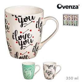 Ovenza Tasses Love, modèles variés, porcelaine, 350 ml, pack de 6 pièces, dimensions Ø85 x 12 x 105 mm