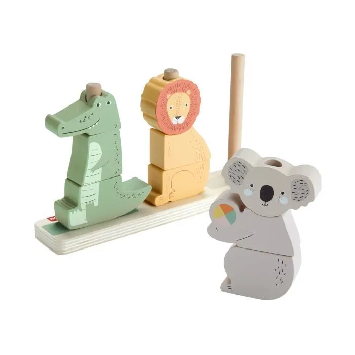 Fisher-Price Jouet en Bois à Empiler et Trier Animaux, 10 Pièces, Crocodile Lion Koala, Motricité Fine, Dès 12 Mois, Réf HXV04