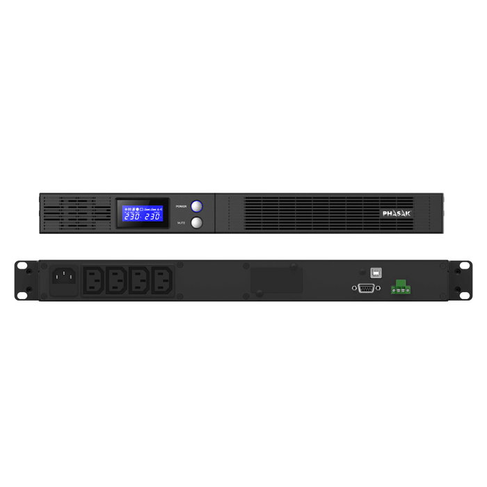 Phasak PH-7540 SAI interactif 750VA 450W rack 19" 1U, protection onduleur pour serveurs et réseaux