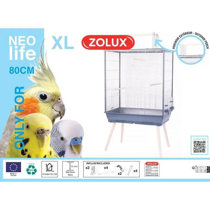 ZOLUX Cage pour oiseau NÃ©olife 81 x 48 x 152 cm, pour perruche, calopsitte et canari, grise, avec perchoirs et mangeoires