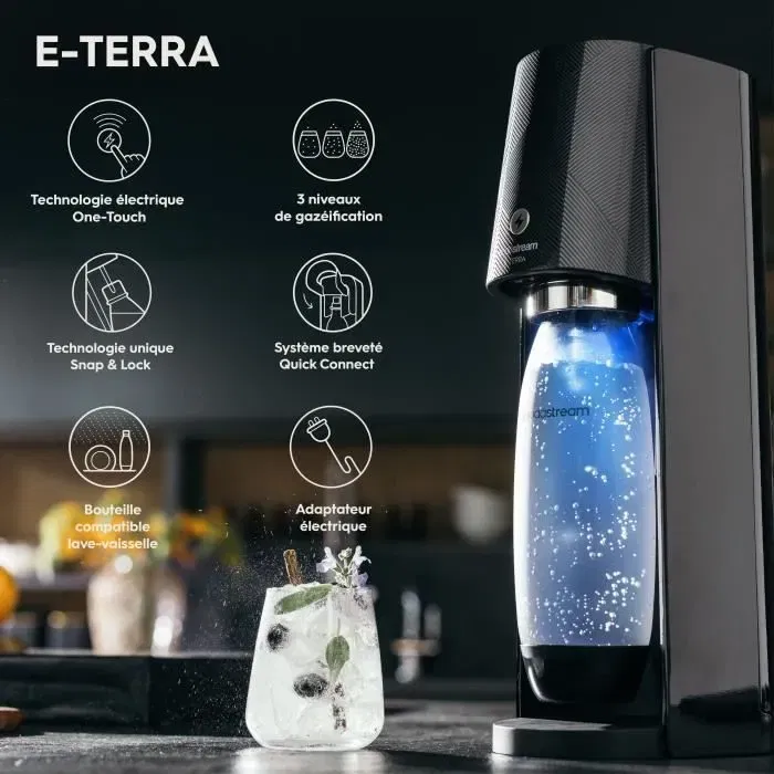Sodastream E-TERRA Machine à Soda et Eau Pétillante - Bouteille Compatible Lave-Vaisselle Incluse + 1 Recharge de Gaz 60L - Noir