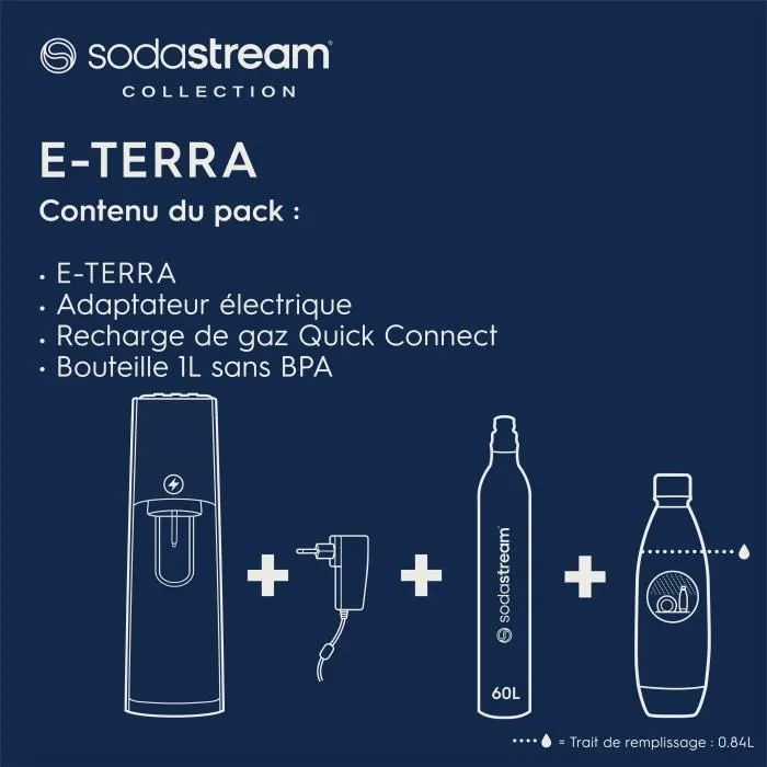 Sodastream E-TERRA Machine à Soda et Eau Pétillante - Bouteille Compatible Lave-Vaisselle Incluse + 1 Recharge de Gaz 60L - Noir