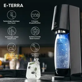 Sodastream E-TERRA Machine à Soda et Eau Pétillante - Bouteille Compatible Lave-Vaisselle Incluse + 1 Recharge de Gaz 60L - Noir