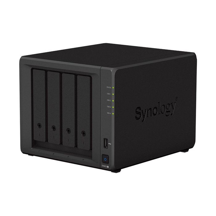 Synology DS923+ - NAS 4 baies avec processeur AMD Ryzen R1600, 4 Go DDR4 ECC, 2 ports M.2 NVMe, 4 emplacements SATA HDD/SSD, 2 ports 1GbE