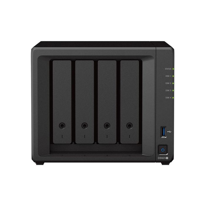 Synology DS923+ - NAS 4 baies avec processeur AMD Ryzen R1600, 4 Go DDR4 ECC, 2 ports M.2 NVMe, 4 emplacements SATA HDD/SSD, 2 ports 1GbE
