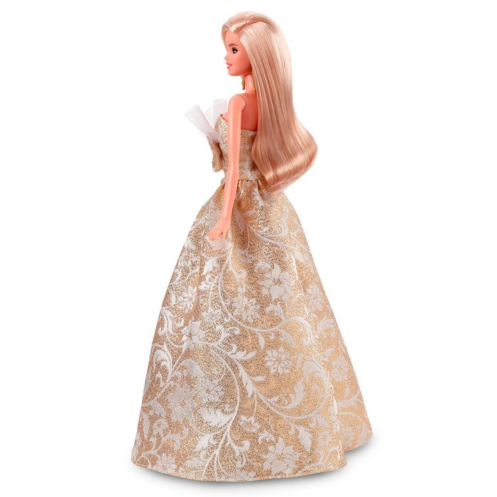 Barbie Poupée Barbie Holiday - Édition Limitée Noël - Cheveux Blonds, Robe Dorée et Argentée avec Fleurs - JBH95 - Inclut Socle et Certificat d'Authenticité