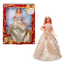 Barbie Poupée Barbie Holiday - Édition Limitée Noël - Cheveux Blonds, Robe Dorée et Argentée avec Fleurs - JBH95 - Inclut Socle et Certificat d'Authenticité