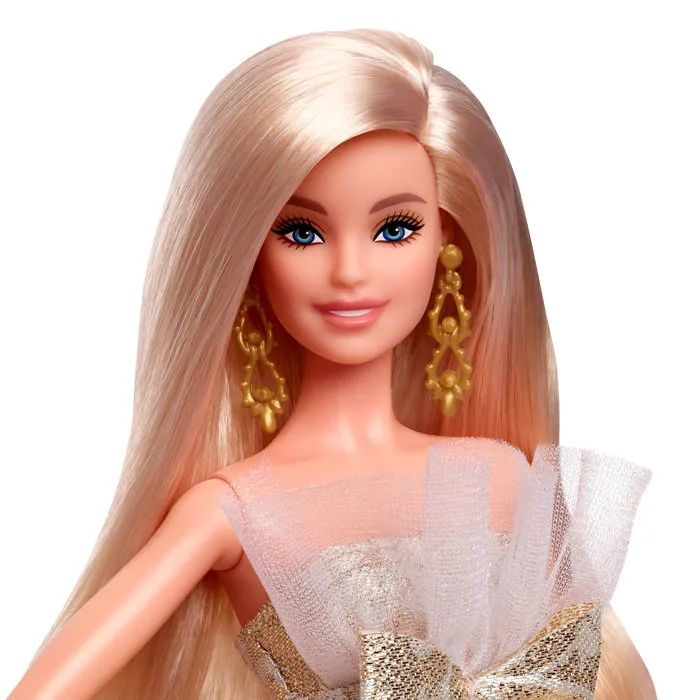 Barbie Poupée Joyeux Noël JBH95 Poupée blonde avec robe de soirée argent et or pour collectionneurs dès 6 ans