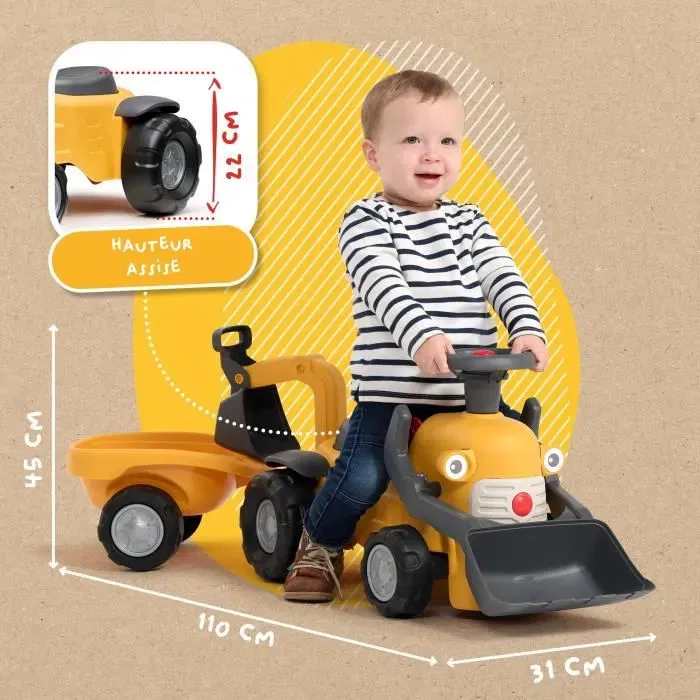 Marcel - Porteur tractopelle enfant avec pelle frontale et excavatrice, remorque, jouet d'éveil 12+ mois, 90% plastique recyclé, Fabriqué en France