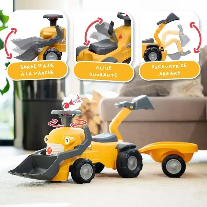 Marcel - Porteur tractopelle enfant avec pelle frontale et excavatrice, remorque, jouet d'éveil 12+ mois, 90% plastique recyclé, Fabriqué en France