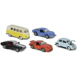 Smoby Majorette - Coffret Cadeau Vintage 5 Véhicules à Roues Libres 1/64 (Porsche 934, Alpine A110, VW Combi T1, VW Cox, Ford Mustang Fastback)