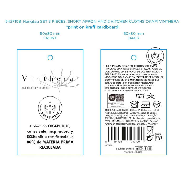 Set Delantal y 2 Paños Cocina Reciclado Okapi Due Vinthera 50x110 cm-40x60 cm