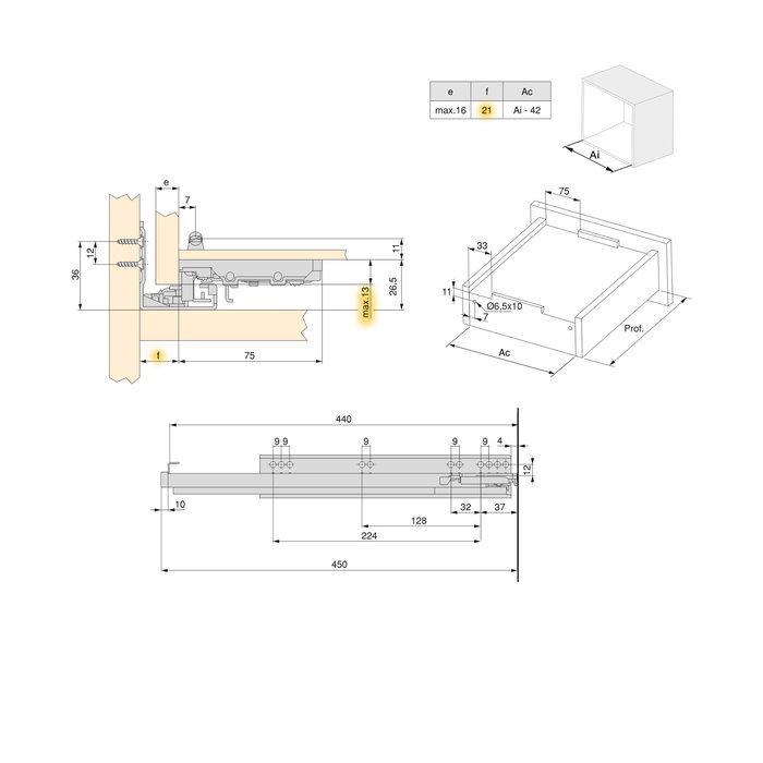 Emuca Jeu de coulisses invisibles pour tiroir Silver, à sortie totale, avec fermeture amortie et loqueteau, profondeur 440mm, Acier, Zingué