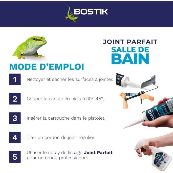 Bostik Joint Parfait - Mastic silicone pour salle de bain, anti-moisissure, transparent, pour joints sanitaires et carrelage, 280 ml