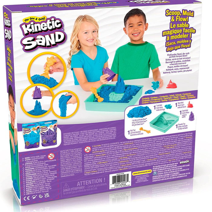 Spin Master Set de Sable Cinétique Azul Kinetic Sand 6067478 - Cofret avec 450g de Sable, 4 Moules et Outils, Bac, 3 Ans et Plus